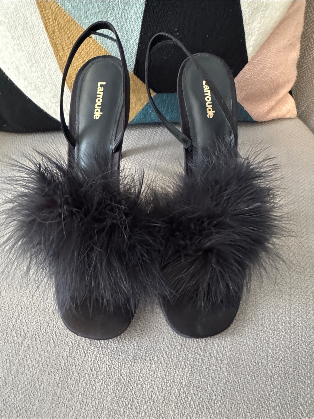 Larroude Black Marabou Slingback Heels
